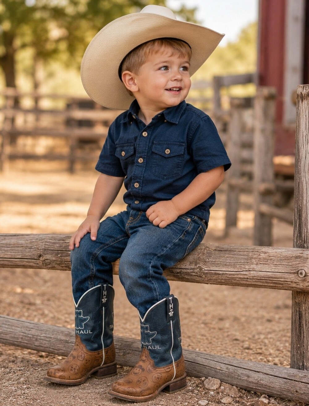 Kids TIN HAUL "EMOJI" navy blue &brown leather cowboy boots square toe sz 1 EUC